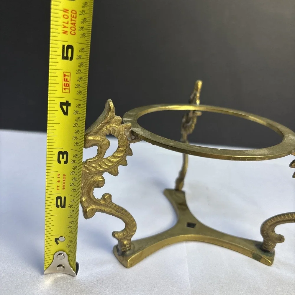 MCM Three Dragon Brass Etched Stand With Glass‎ Candle Holder Tripod India 7